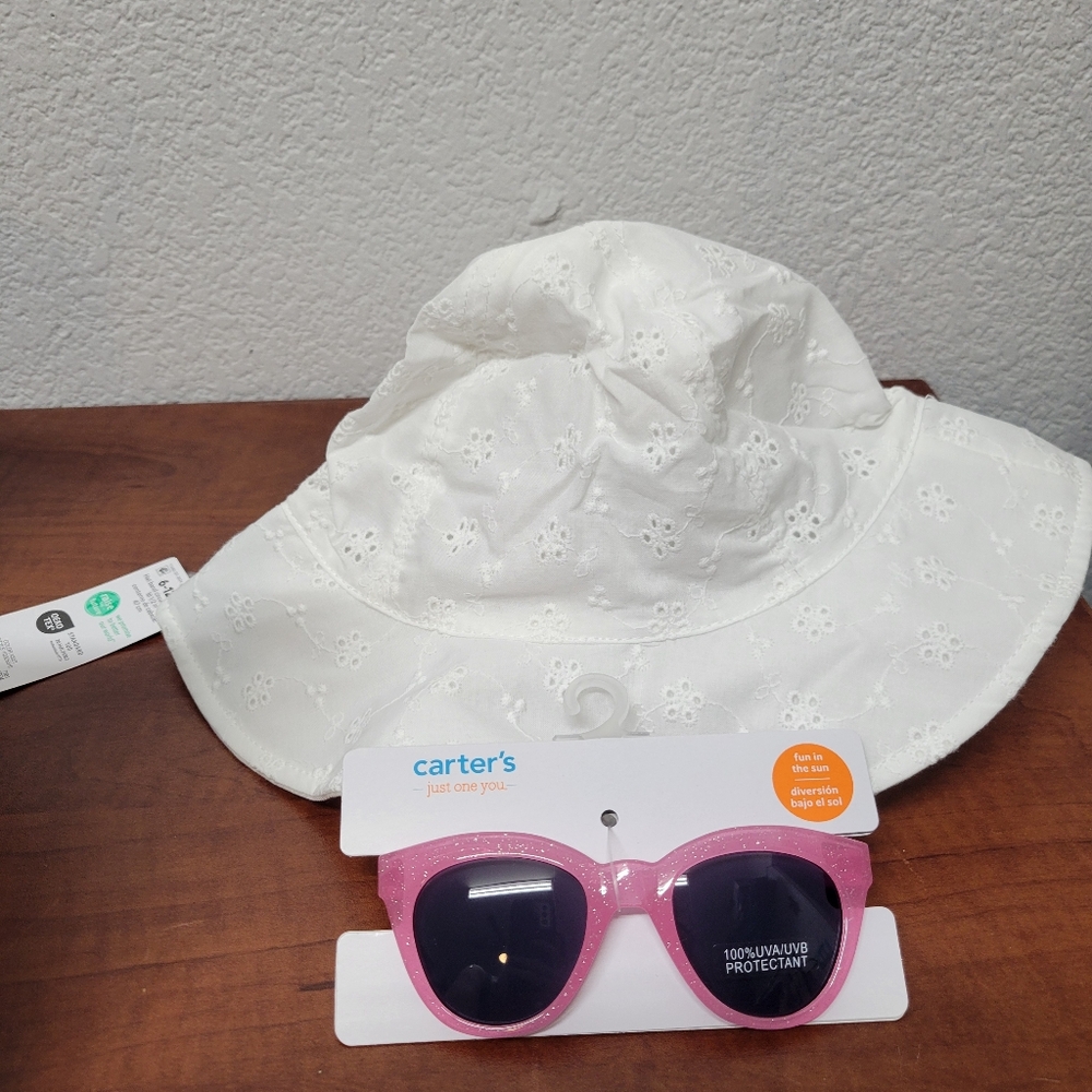 Carter's White Eyelet Sun Hat and Pink Sunglasses Set 6-12 Month Nwt
